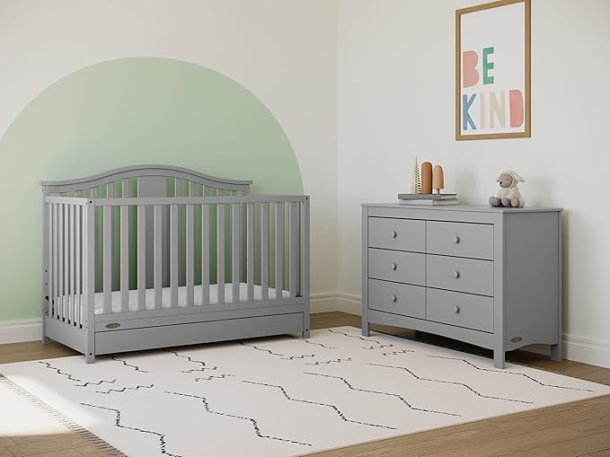 Graco Solano 4-in-1 Convertible Crib with Drawer (Pebble Gray) – GREENGUARD Gold Certified, Crib with Drawer Combo, Includes Full-Size Nursery Storage Drawer, Converts to Toddler Bed and Full-Size Bed