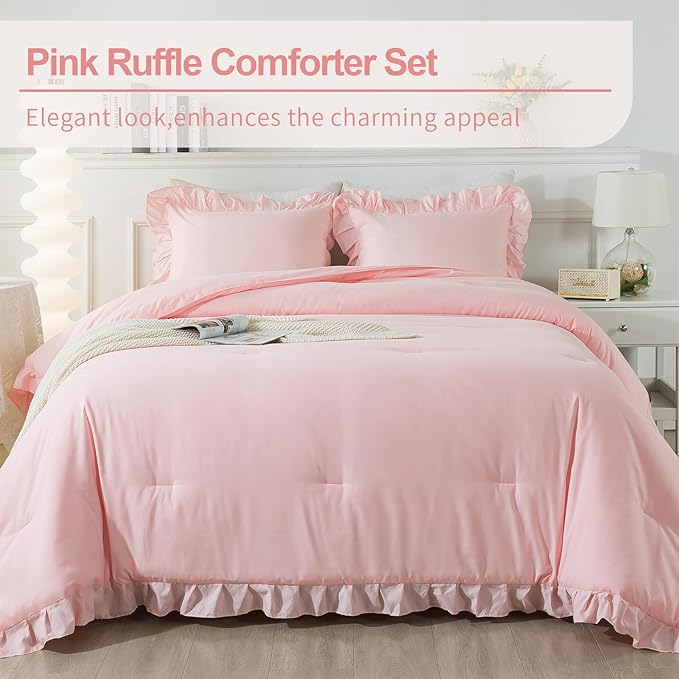 Andency Pink Ruffle Comforter King, 3 Pieces Solid Farmhouse Shabby Chic Comforter, Vintage Rustic Lightweight Soft Microfiber Bedding Set All Season (104x90Inch Comforter)