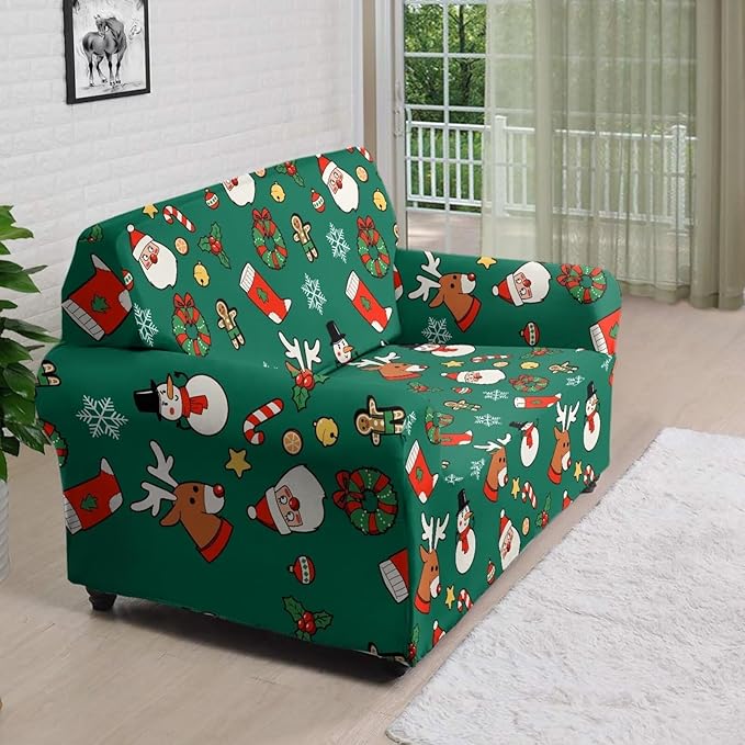 FKELYI Christmas Decorations Green Sofa Slipcover Santa Claus Stretch Sofa Couch Cover for Indoor Washable Furniture Protector with Elastic Bottom M