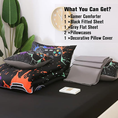 JQinHome Full Gamer Comforter Sets for Boys, 6 Piece Bed in A Bag 3D Video Game Bedding -All Season Soft Microfiber Gamer Bedding Sets, with Pillowcases, Flat Sheet, Fitted Sheet, Cushion Cover