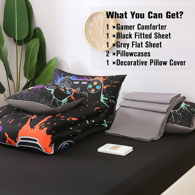 JQinHome Twin Gamer Comforter Sets for Boys&Girls ,6 Piece Bed in A Bag 3D Video Game Bedding -All Season Microfiber Gamer Bedding Sets for Kids, with Pillowcase, Flat & Fitted Sheet,Cushion Cover
