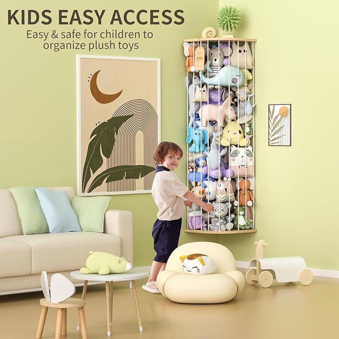 Stuffed Animal Storage for Plushie Toys - Large Wood Corner Hanging Pet Storage with Sky Pattern, Length Adjustable Toy Organizer Shelf for Nursery Play Room Bedroom Kid Room
