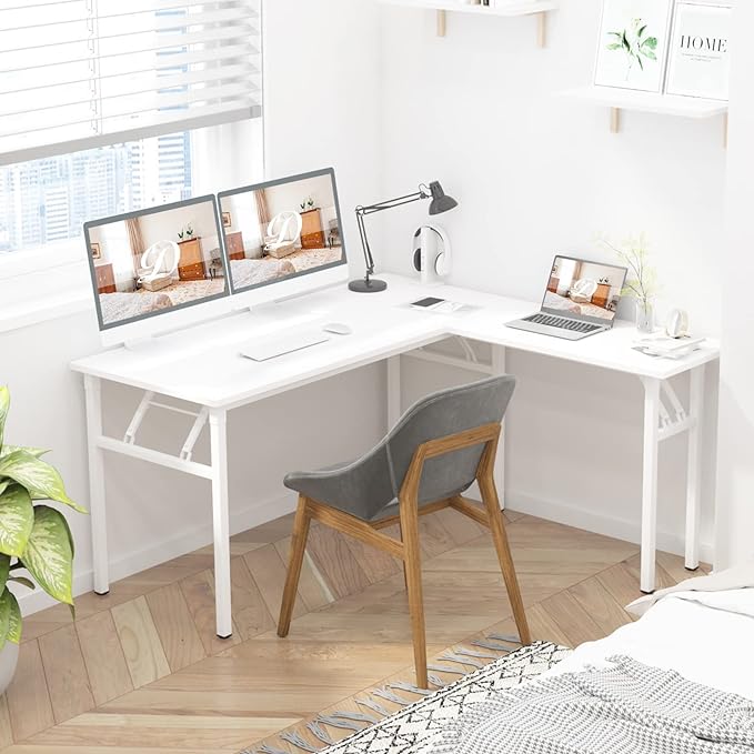 DlandHome L-Shaped Folding Computer Desk 55inches and 55inches Left and Right Adjustable Half-Installed Home Office Workstation Corner Table,White +White