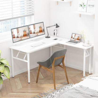 DlandHome L-Shaped Folding Computer Desk 55inches and 55inches Left and Right Adjustable Half-Installed Home Office Workstation Corner Table,White +White