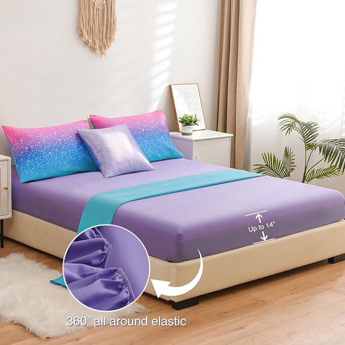 A Nice Night 6Pcs Gradient Glitter Bedding Set for Girls Twin Size, Colorful Rainbow Galaxy Comforter Set, Ultra Soft Bedding Sets, Blue