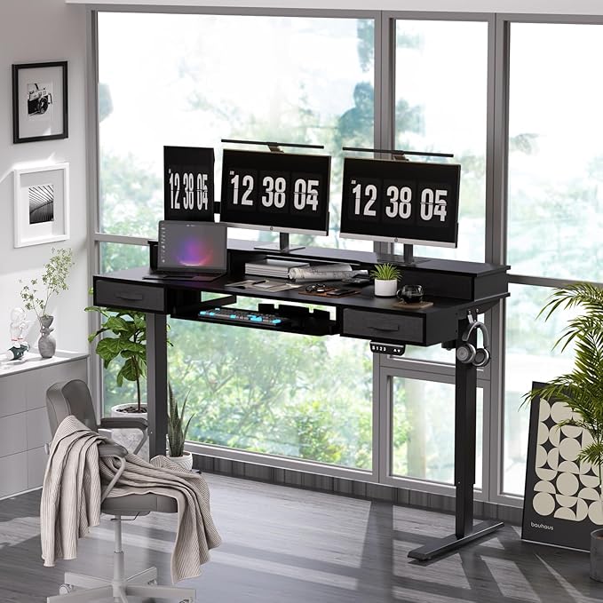 Electric Standing Desk, Multifunctional Standing Desk Adjustable Height, 63 * 24 Standing Desk with 4 Drawers, Ergonomic Adjustable Standing Desk with Keyboard Tray, Classic Black