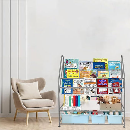 aboxoo Metal Kids Bookshelf Grey Bookcase LargeFreestanding for Children Room 32 in Toy Organizer Large Stable Bookcase Bookstore Library Book Unit Storage Kids Bed Living Room