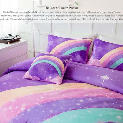 Purple Rainbow Girls Full Size Comforter Set, 6 Pieces Gradient Glitter Kids Bedding Sets, Galaxy Kids Bedroom Decor Bed in A Bag with Sheets for Girls Teens