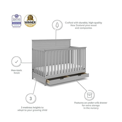 STORKCRAFT Homestead 5-in-1 Convertible Crib with Drawer (Pebble Gray) – GREENGUARD Gold Certified, Crib with Drawer Combo, includes Nursery Storage Drawer, Converts to Toddler Bed and Full-Size Bed