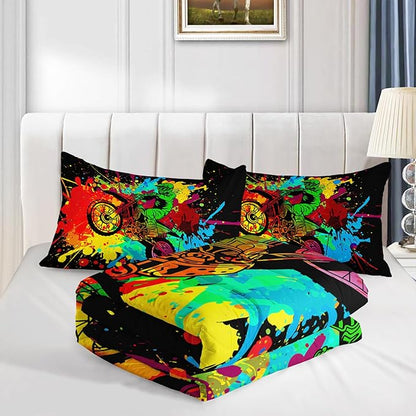 Axolotl Motocross Bedding Set Full,Dirt Bike Comforter Set,Extreme Sports Bedding,Motorcycle Racer Comforter Set Motocross Comforter Motor Vehicles Biker for Boys Kids Teens Men,1 Quilt 2 Pillowcases