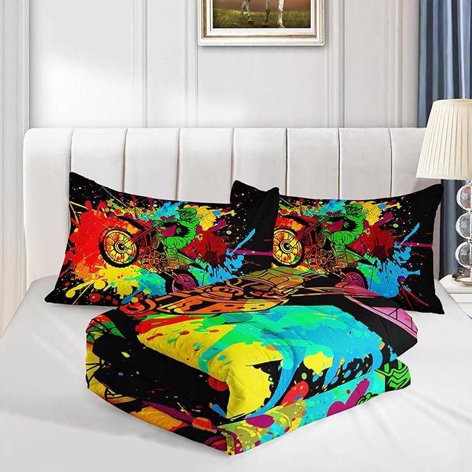 Axolotl Motocross Bedding Set Queen,Dirt Bike Comforter Set,Extreme Sports Bedding,Motorcycle Racer Comforter Set Motocross Comforter Motor Vehicles Biker For Boys Kids Teens Men,1 Quilt 2 Pillowcases