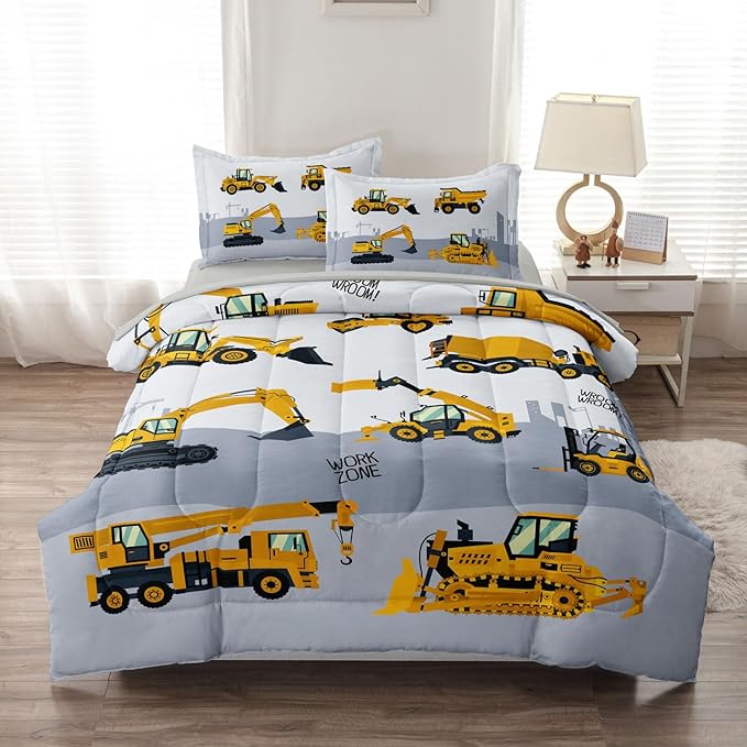 4-Pcs Construction Twin Size Boys Bedding Set, Kids Comforter Set for Teens with Sheets and Pillowcase, Soft Grey Tractor Cars Bed in a Bag Sets