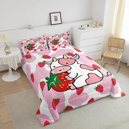 Feelyou Milk Cow Comforter Pink White Cow Strawberry Pattern Comforter Set Bedding Set for Kids Adults Kawaii Girls Milk Cow Print Duvet Set Ultra Soft Room Decor Full Size Quilt Set