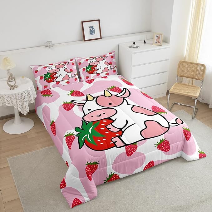 Feelyou Milk Cow Comforter Pink White Cow Strawberry Pattern Comforter Set Bedding Set for Kids Adults Kawaii Girls Milk Cow Print Duvet Set Ultra Soft Room Decor Twin Size Quilt Set