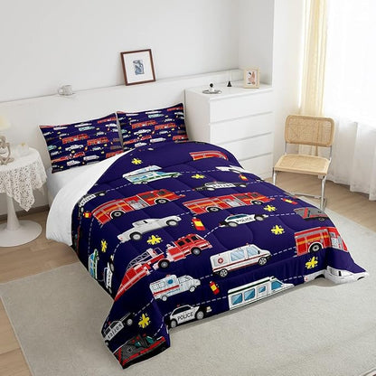 Fire Truck Bedding Bed Set Police Car Comforter Set for Kids Boys Girls Teens Youth Decor Engine Ambulance Cute Comforter Emergency Vehicle Blue Soft Quilt Set Room 2Pcs Twin Size