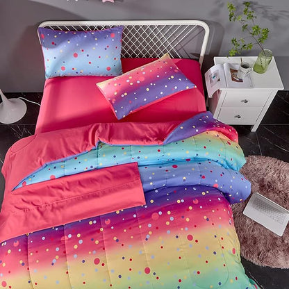 Colorful Polka Dots Rainbow Comforter Set for Teen Girls Women,Twin Size 4 Piece Bed in A Bag,Circles Printed Comforter and Sheets,Ultra Soft Microfiber All Season Bedding Set(Twin,Dots)