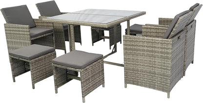 9 Pieces Patio Dining Outdoor Furniture, Space Saving Rattan Chairs with Glass Table, Cushioned Seating and Back Sectional Conversation Set, Zm-Grey