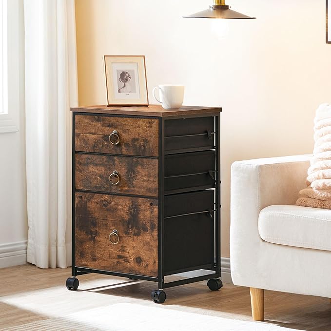 HOOBRO 3-Drawer Mobile File Cabinet, Vertical Filing Cabinet, Office Cabinet, Filing Cabinet for Home Office, Rolling Printer Stand, A4/Letter-Sized, Nonwovens Drawer, Rustic Brown BF30WJ01