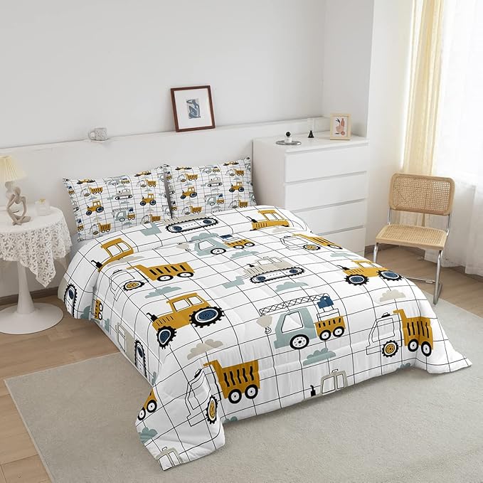 Kids Cartoon Car Comforter Set Boys Cute Excavator Tractor Comforter Toddler Construction Bedding Set Children Vehicles Truck Cars Quilt Set Black White Grid Duvet Set Bright Bedroom Decor Queen Size