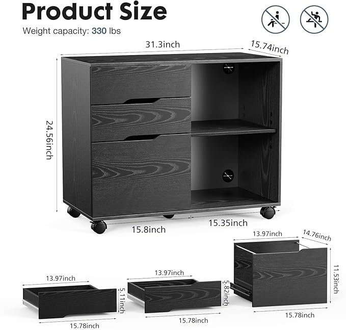 DUMOS Lateral File Cabinet with 3 Drawers Rolling Wooden Printer Stand Under Desk Storage Organizer with 4 Wheels Adjustable Shelf for Office Home, Black