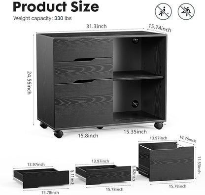 DUMOS Lateral File Cabinet with 3 Drawers Rolling Wooden Printer Stand Under Desk Storage Organizer with 4 Wheels Adjustable Shelf for Office Home, Black