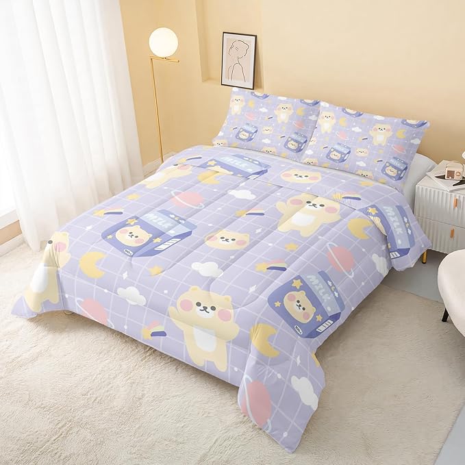 Bear Comforter King Size,Kawaii Comforter Set for Kids Teens Girls,3Pcs Bedding Set Printed Comforter with 2 Pillowcases,Down Alternative,Soft and Lightweight(Purple，King Size)