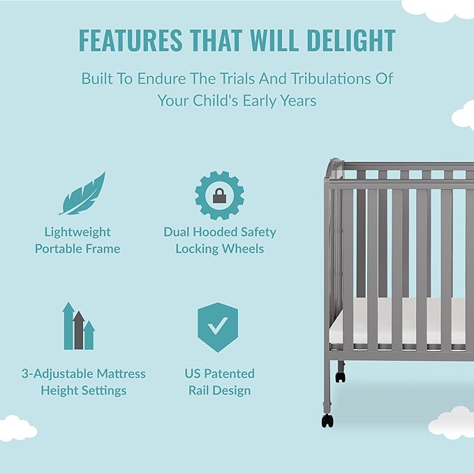 3 in 1 Portable Folding Stationary Side Crib in Steel Grey, Greenguard Gold Certified, Safety Wheels with Locking Casters, Convertible, 3 Mattress Heights