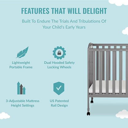 3 in 1 Portable Folding Stationary Side Crib in Steel Grey, Greenguard Gold Certified, Safety Wheels with Locking Casters, Convertible, 3 Mattress Heights