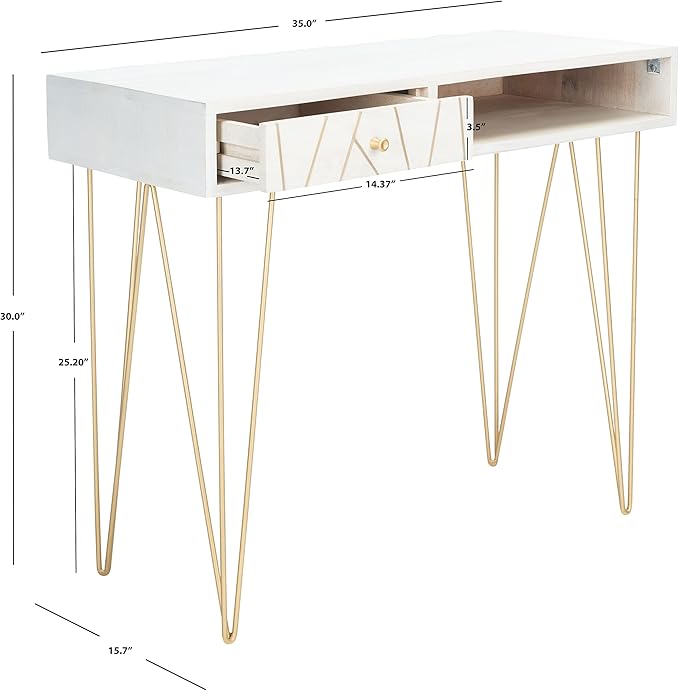 Safavieh Home Office Collection Marigold White Wash and Brass 1-Drawer Hairpin Leg Desk, 0