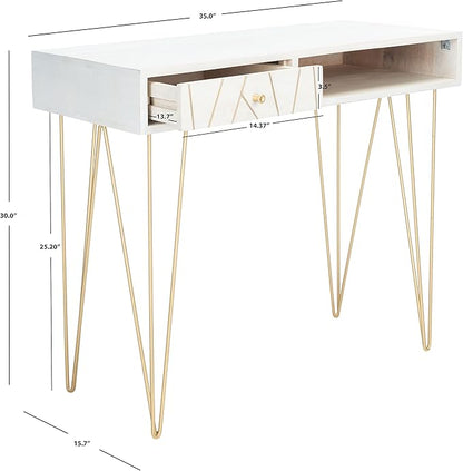 Safavieh Home Office Collection Marigold White Wash and Brass 1-Drawer Hairpin Leg Desk, 0