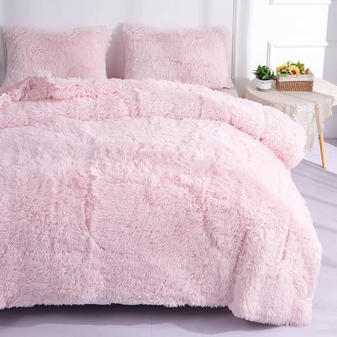 Faux Fur Kids Girls Light Pink Comforter Sets Twin/Full - 3PC Bed Set Warm Comfortable Soft Plush Flannel Velvet Fluffy Fuzzy Bedding（Comforter x 1 Pillowcases x 2）