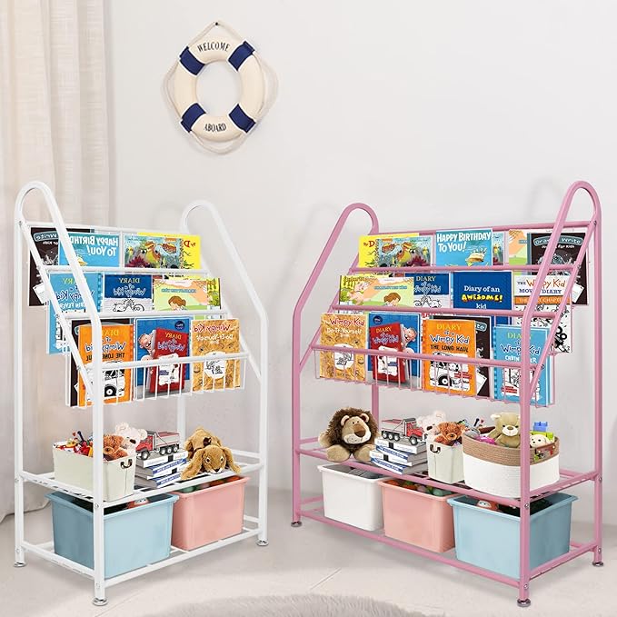 aboxoo Metal Kids Bookshelf Freestanding Bookcase for Children Room 32 in Large Toy Organizer Modern MinimalistWhite Stable Metel Bookstore Bedroom, Living, Library Book Unit Storage