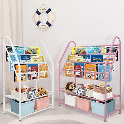 aboxoo Metal Kids Bookshelf Freestanding Bookcase for Children Room 32 in Large Toy Organizer Modern MinimalistWhite Stable Metel Bookstore Bedroom, Living, Library Book Unit Storage
