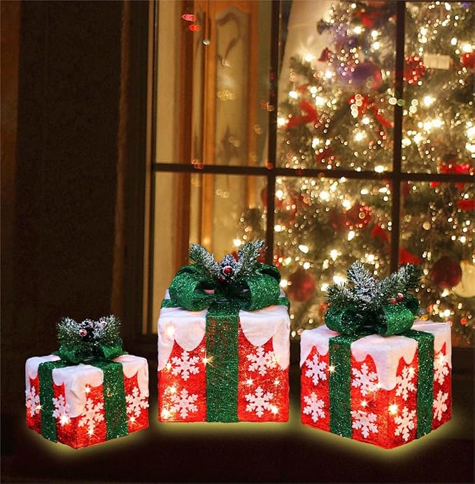 [Large 10"x8.5"x6.5" Christmas Set of 3 Lighted Gift Boxes Decorations Pre-lit 70 Super-Bright LED with Flashers,for Indoor Outdoor Christmas Tree Skirt Ornament Pathway Holiday Party Home
