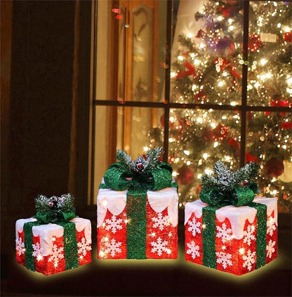 [Large 10"x8.5"x6.5" Christmas Set of 3 Lighted Gift Boxes Decorations Pre-lit 70 Super-Bright LED with Flashers,for Indoor Outdoor Christmas Tree Skirt Ornament Pathway Holiday Party Home