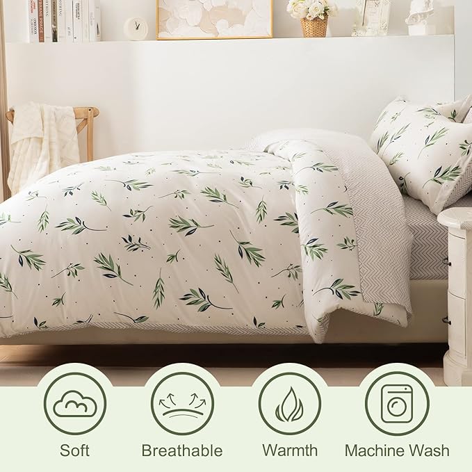 EMME Twin Comforter Set - Sage Green Floral Bedding Sets 5 PCS with Nature Leaves Pattern, Soft Leaf Printed Botanical Bed Set with Sheets, Fluffy Bed Bag for All Season(68"X90")