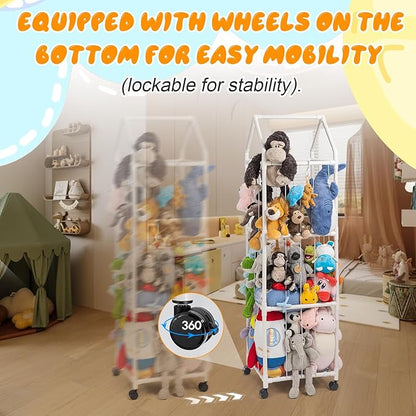 Stuffed Animal Zoo Storage, Extra Large Stuffed Animal Holder with Dust Cloth and Universal Wheels, Toy Storage Organizer, Plush Storage Organizer Shelf for Birthday Gift, Nursery Play Room Bedroom