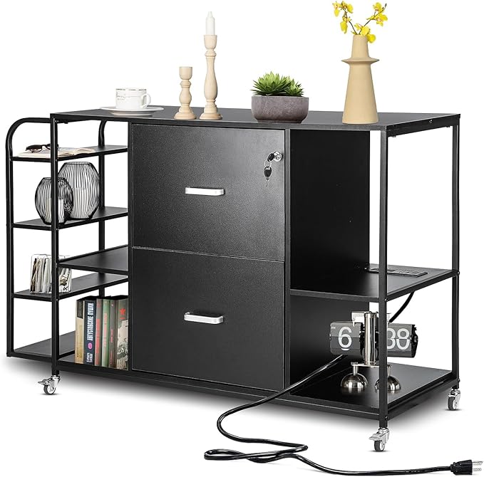 Lateral File Cabinet, 2 Drawer Mobile Filing Cabinet with Outlet, Open Storage Side Shelves, Locking Drawer Fits A4/Letter/Legal Size File Cabinets for Home Office, Black