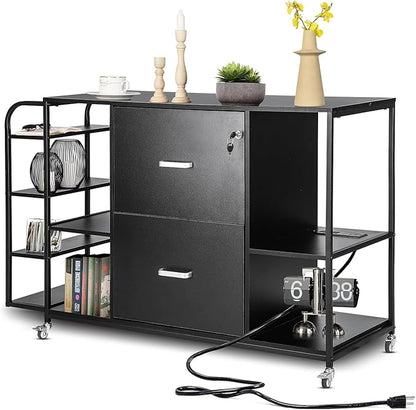 Lateral File Cabinet, 2 Drawer Mobile Filing Cabinet with Outlet, Open Storage Side Shelves, Locking Drawer Fits A4/Letter/Legal Size File Cabinets for Home Office, Black