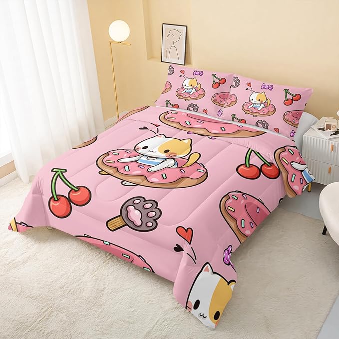 Kawaii Cat Comforter Full Size,Doughnut Cherry Cat Comforter Set for Kids Teens Girls,3Pcs Bedding Set Printed Comforter with 2 Pillowcases,Soft and Lightweight(Pink，Full Size)