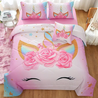 JQinHome Unicorn Queen Bedding Sets for Girls Kids,6 Piece Bed in A Bag 3D Colorful Flower Girl Unicorn Comforter Set(1 Comforter,2 Pillowcases,1 Flat Sheet,1 Fitted Sheet,1 Cushion Cover)
