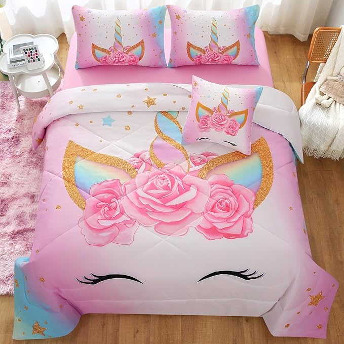 JQinHome Unicorn Full Bedding Sets for Girls Kids,6 Piece Bed in A Bag 3D Colorful Flower Girl Unicorn Comforter Set (1 Comforter,2 Pillowcases,1 Flat Sheet,1 Fitted Sheet,1 Cushion Cover)
