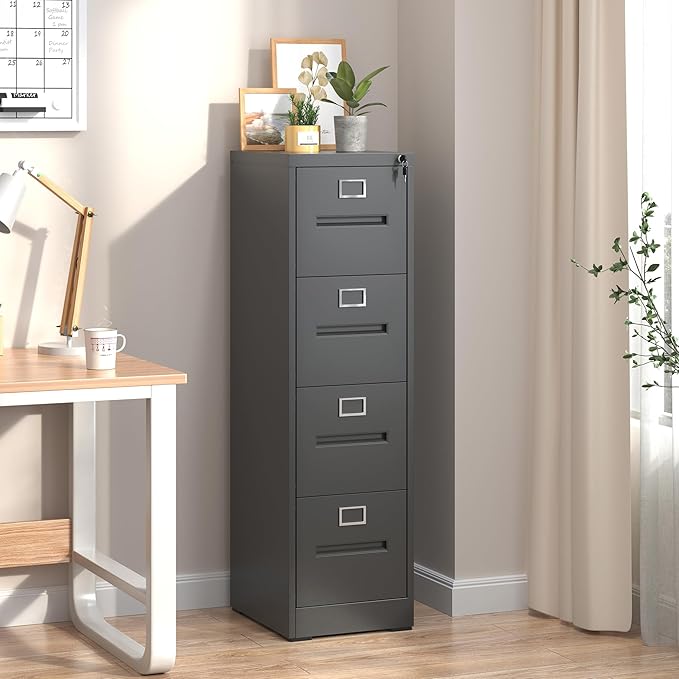 4 Drawer File Cabinet,Metal Filing Cabinets with Lock,Black Vertical File Cabinet for Home Office,Heavy Duty Metal Storage Cabinet for A4/Letter/Legal Size File,Assembly Required