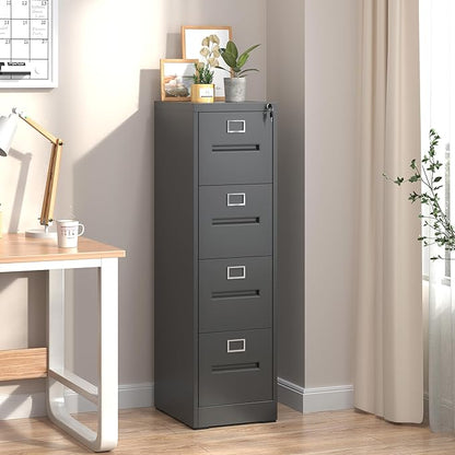 4 Drawer File Cabinet,Metal Filing Cabinets with Lock,Black Vertical File Cabinet for Home Office,Heavy Duty Metal Storage Cabinet for A4/Letter/Legal Size File,Assembly Required