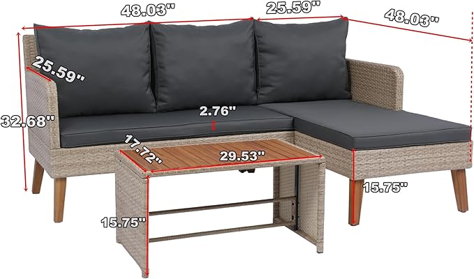 3-Piece Outdoor PE Rattan Furniture Set, Patio Wicker Conversation Loveseat Sofa Sectional Couch with Thick Cushion for Backyard, Deck, Poolside, Zn-Dark Grey