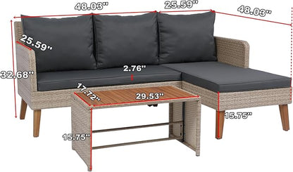 3-Piece Outdoor PE Rattan Furniture Set, Patio Wicker Conversation Loveseat Sofa Sectional Couch with Thick Cushion for Backyard, Deck, Poolside, Zn-Dark Grey