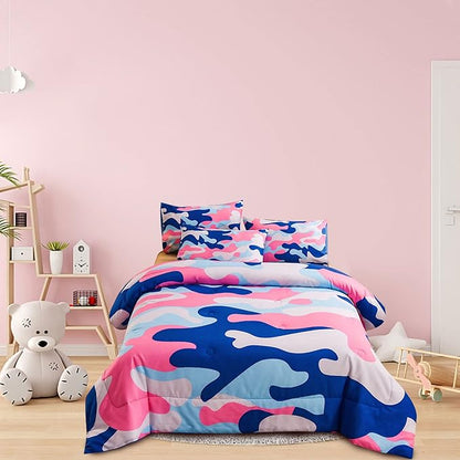 Meeting Story Camouflage Bedding Set, Colorful Pattern Style Twin Camouflage Comforter Set, 3 PCS 1 Comforter and 2 Pillowcases in One Bag, All Season Bedspread for Kids Teens Adults (Blue, Twin)