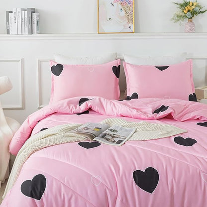 Love Pattern Girls Pink Comforter Set Queen Size, Blush Pink Cute Love Heart Sexy Comforter Bedding Set for All Seasons, Geometric Soft Microfiber 3 Pieces Comforter Set with Pillowcases