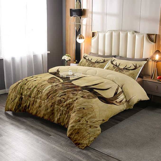 Antler Comforter Set Twin, Whitetail Deer Down Comforter, Stag Quilted Duvet, Countryside Rural Hunting Theme Comforter Set for Christmas Decorations Bedroom Decor All Season, Ultra Lightweight