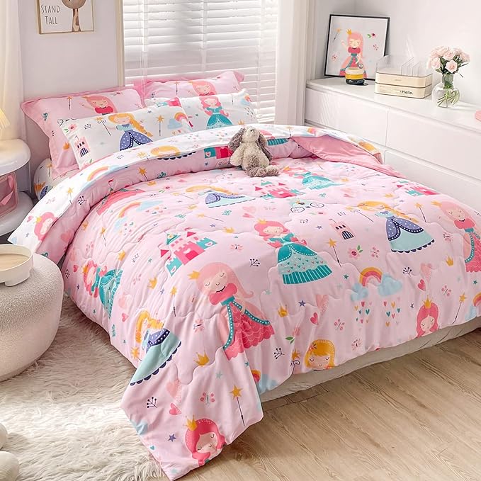 Wajade Kids Pink Princess Comforter Set Bed in a Bag Twin Size 7 Piece Princess Fairy Tales Castle Bedding Set for Girls (1 Comforter, 1 Flat Sheet, 1 Fitted Sheet, 2 Pillowcase and 2 Pillow Sham)